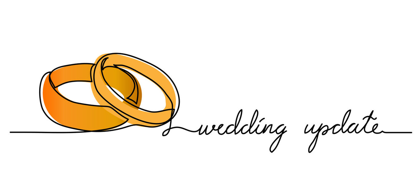 Hochzeits-Update einfache Vektor-Ringe-Karte, Skizze, Web-Banner, Hintergrund. Eine durchgehende Strichzeichnung mit Schriftzug. 