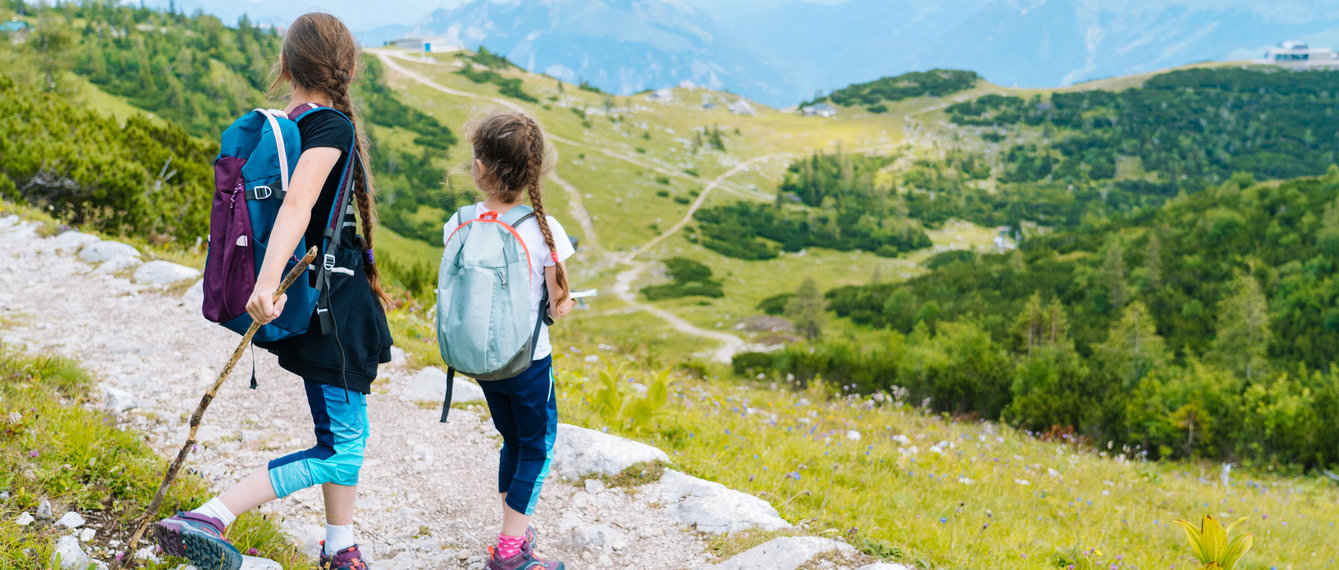 zwei Kinder wandern auf der Alm 