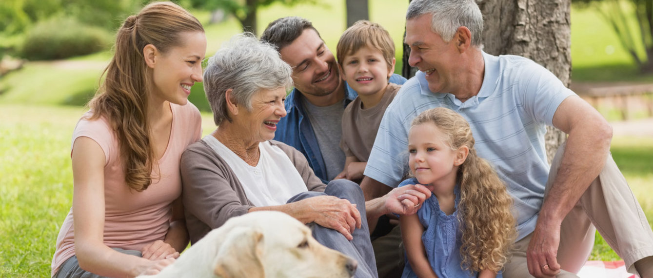Oma, Opa, Eltern, Kinder und Hund sitzen glücklich auf Picknickdecke