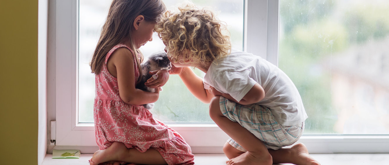 zwei Kinder sitzen vorm Fenster und kuscheln mit einer Katze