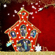 Rote Weihnachtskrippe mit Maria und Josef und Engel gemalt