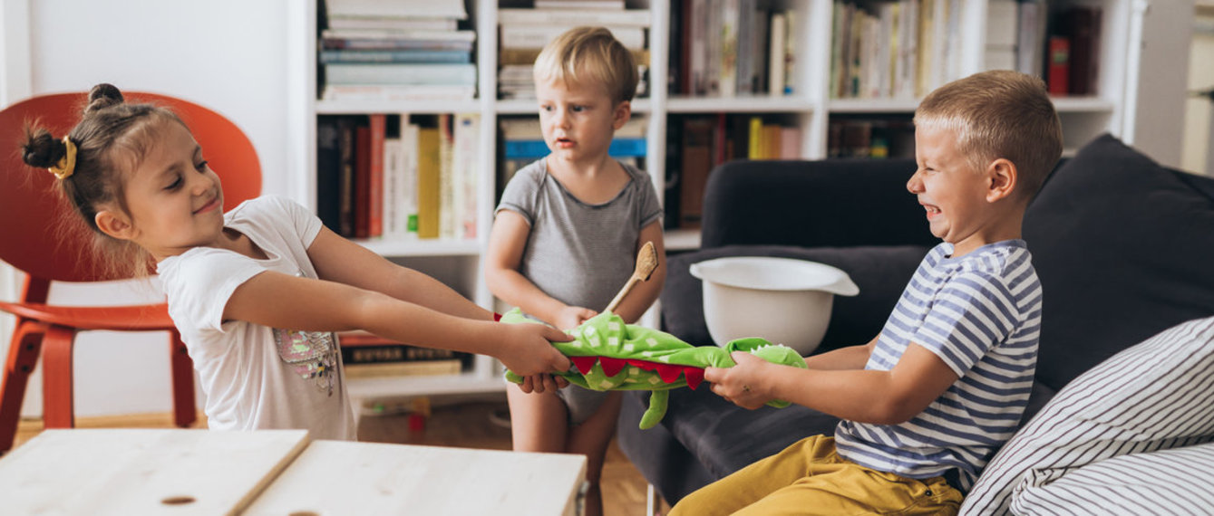 Junge und Mädchen streiten sich um ein Spielzeug 