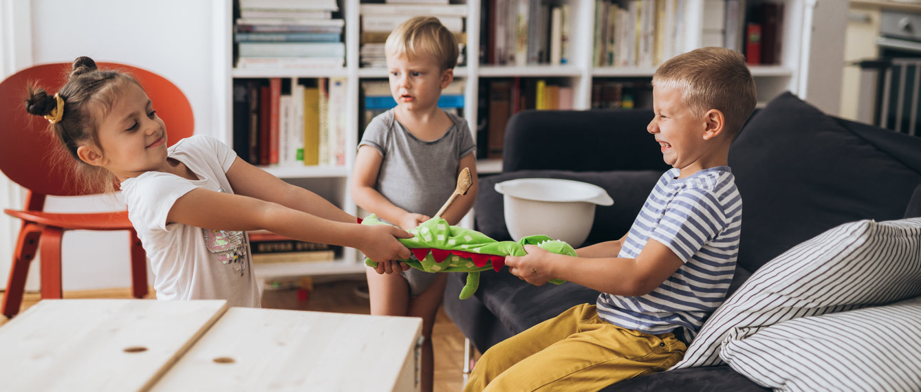 drei kleine kinder streiten um ein stofftier