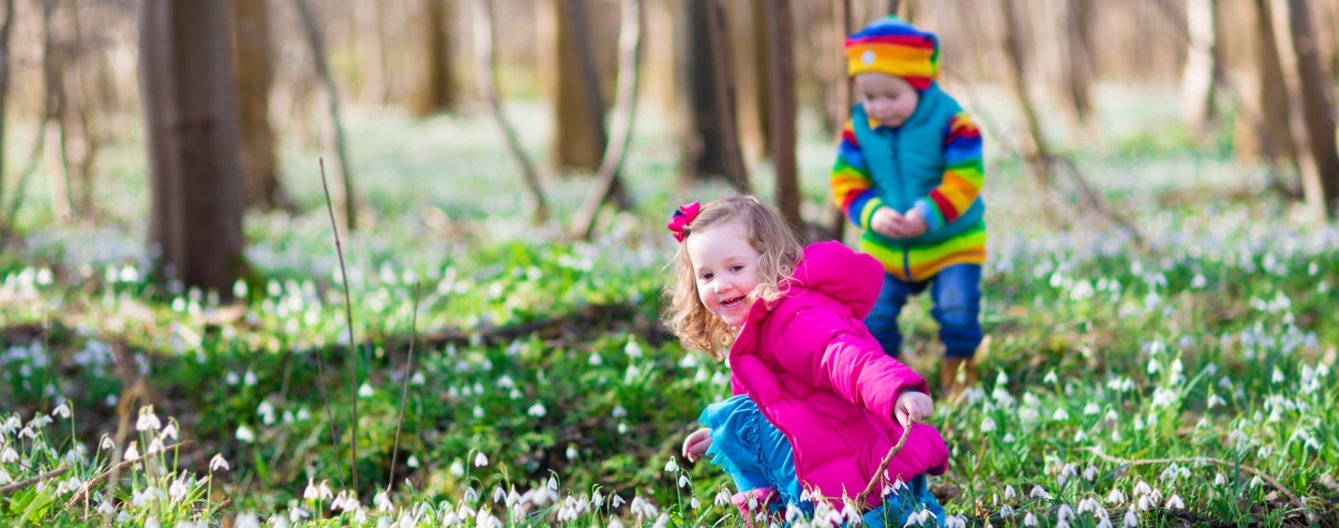 Kinder bei der Ostereiersuche im Wald