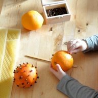 Kind sticht getrocknete Nelken in Orange hinein